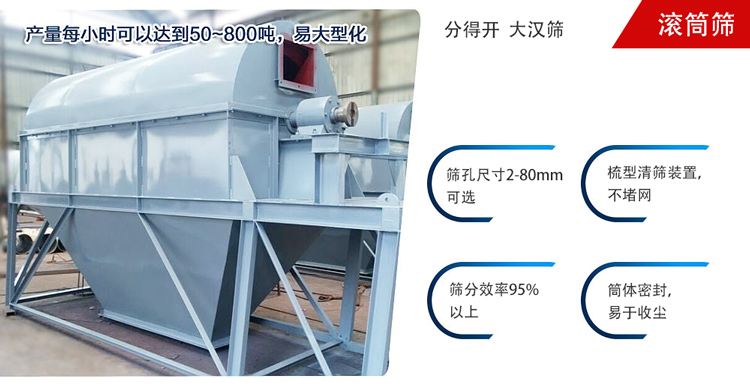 滾筒篩分開放式,封閉式兩種選擇無塵篩分。無軸滾筒：適用生活垃圾等一些有一定纏繞性物料;有軸滾筒：適用石料，砂土等含水量較少的物料